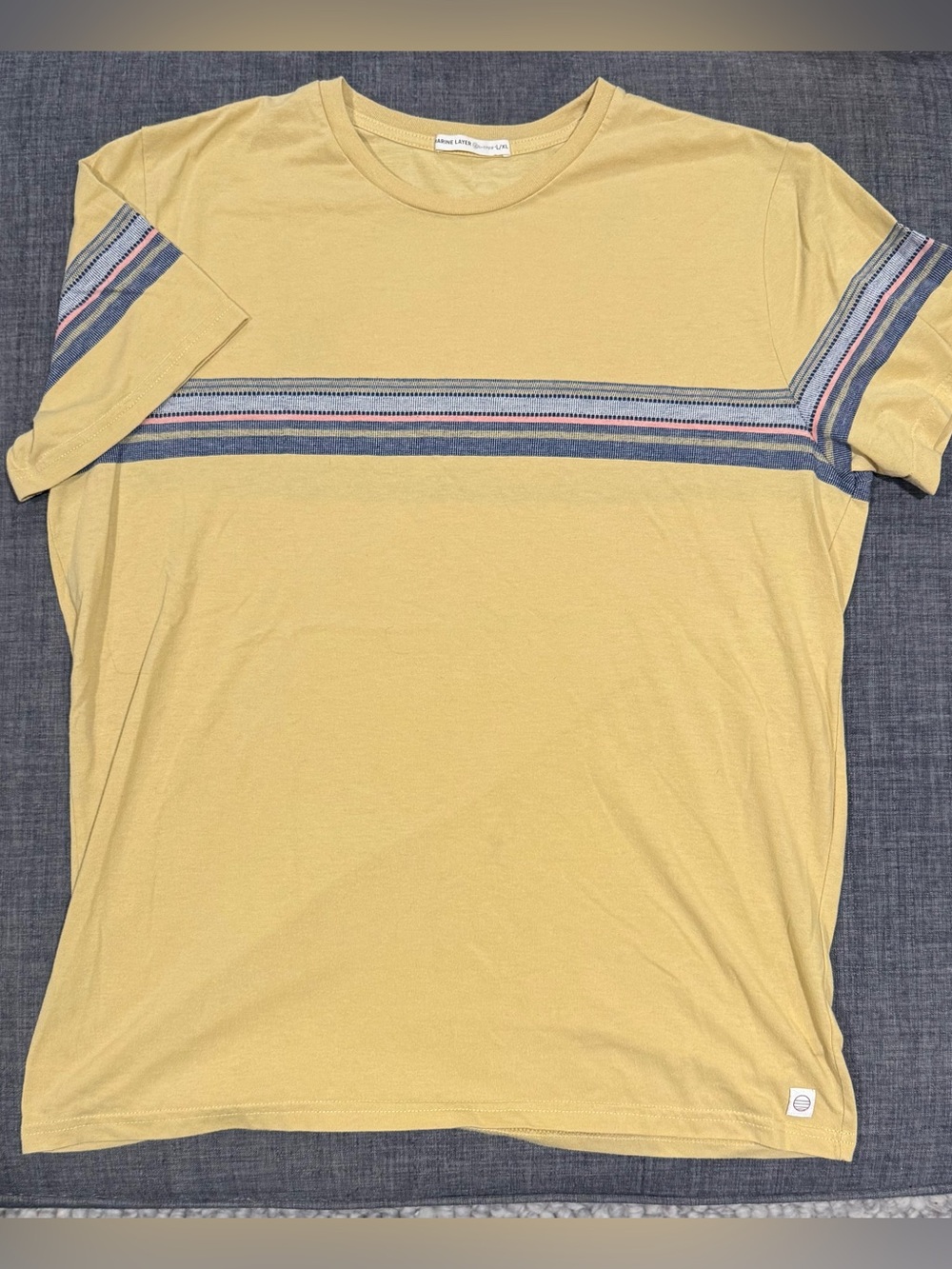 Marine Layer Yellow Stripe Crew Tee with Blue & Pink Accents